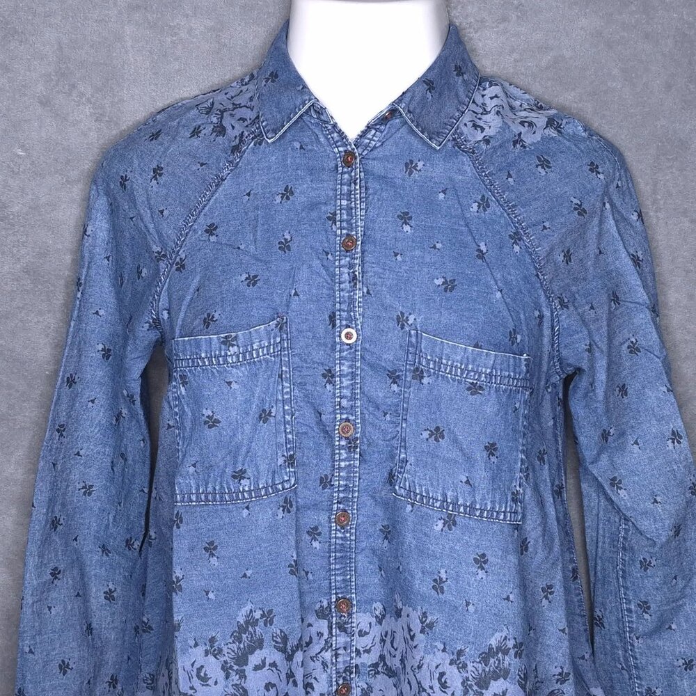 Free People Womens Denim Floral Print Button-Up Shirt S Plaid Accent Long Sleeve